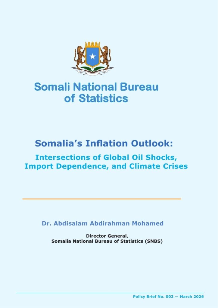 Cover page of a SNBS policy brief with the Somalia National Bureau of Statistics logo and the title 'Somalia’s Inflation Outlook' and subtitle about oil shocks and climate crises.