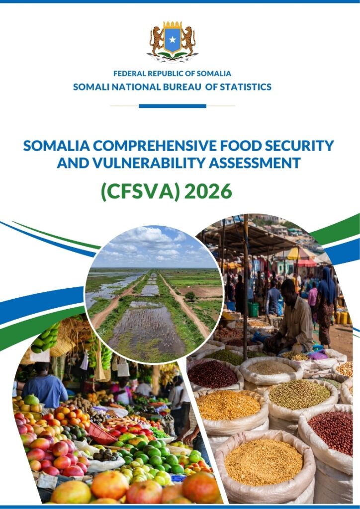 Official report cover featuring Somalia's coat of arms, the title 'Somalia Comprehensive Food Security and Vulnerability Assessment (CFSVA) 2026', and a collage of farm fields and market scenes.